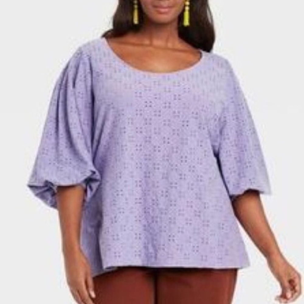 Ava & Viv Plus Purple 3/4 Puff-Sleeve Eyelet Knit Blouse Top